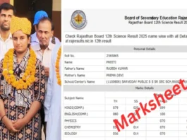 RBSE 12th Science Topper 2025 Preeti Scorecard